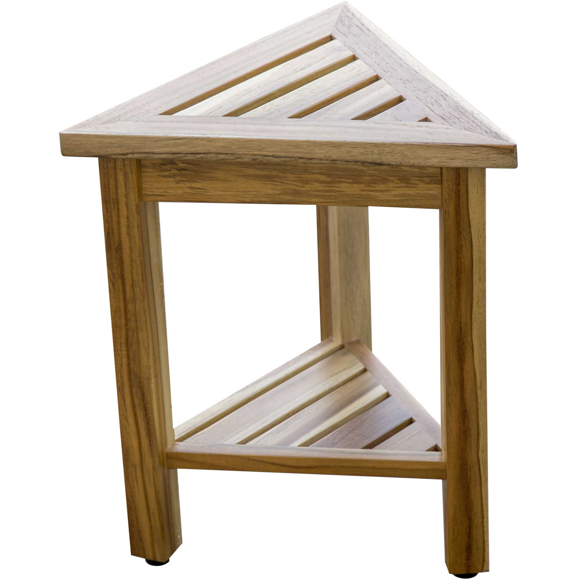 Compact Teak Corner Shower/ Outdoor Bench with Shelf in Natural Finish