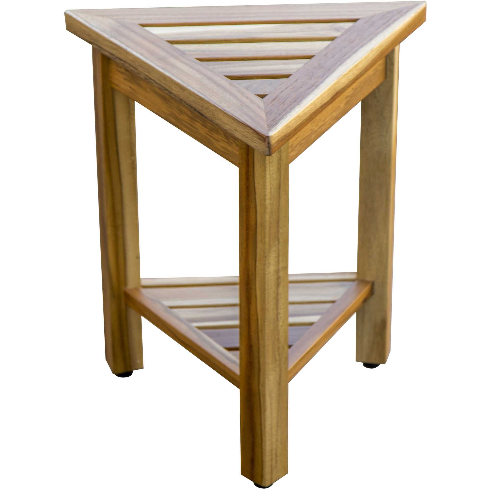 Compact Teak Corner Shower/ Outdoor Bench with Shelf in Natural Finish