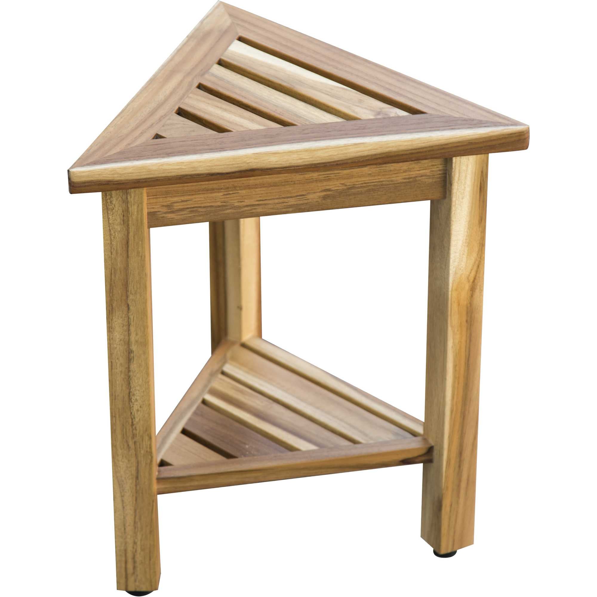 Compact Teak Corner Shower/ Outdoor Bench with Shelf in Natural Finish
