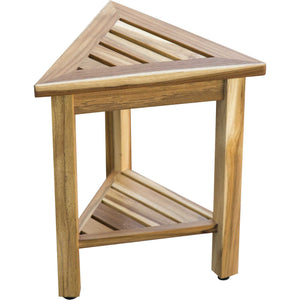 Compact Teak Corner Shower/ Outdoor Bench with Shelf in Natural Finish