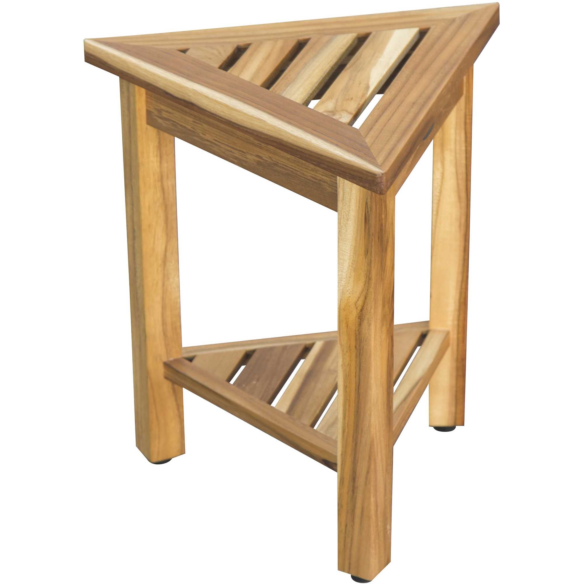 Compact Teak Corner Shower/ Outdoor Bench with Shelf in Natural Finish