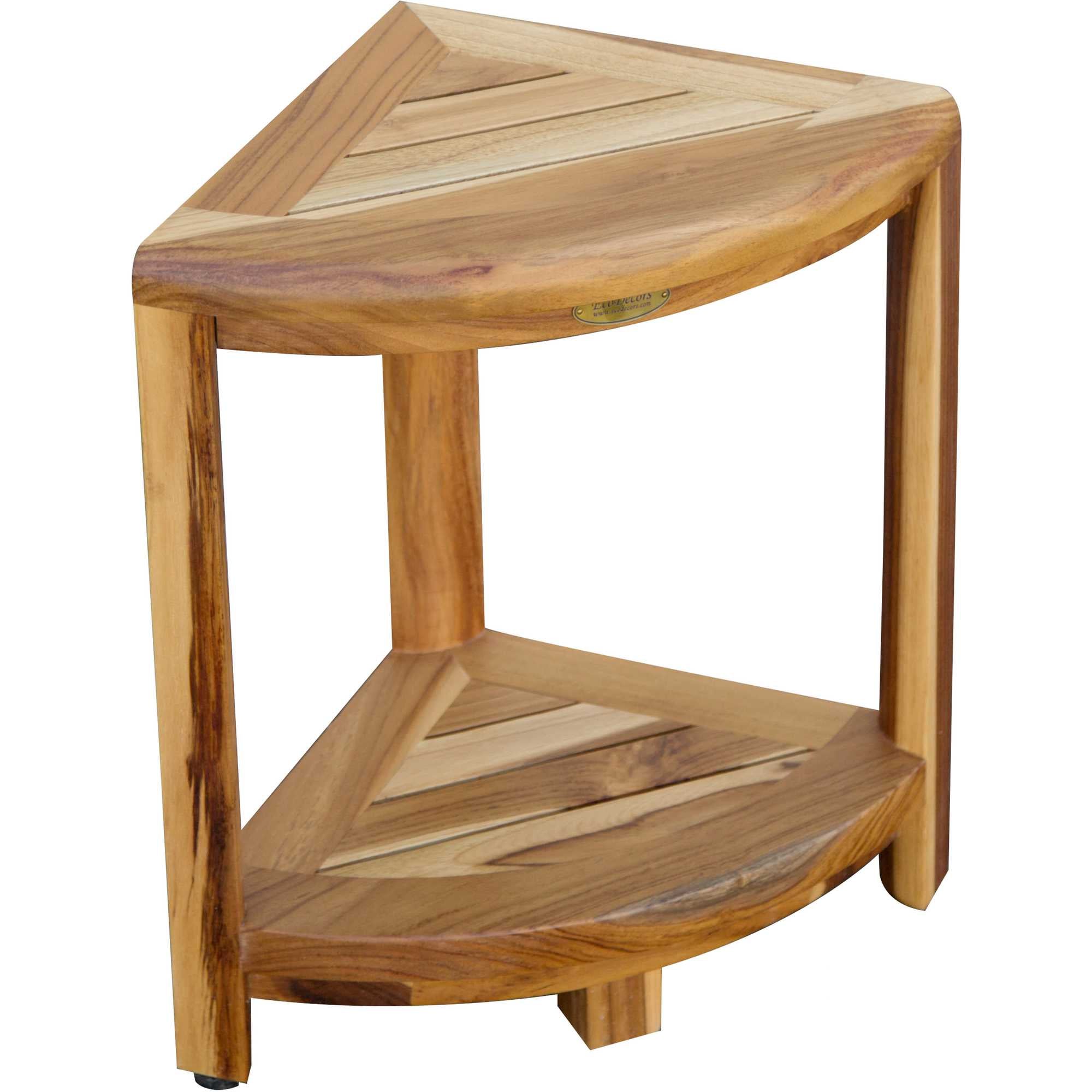 Compact Teak Corner Shower Outdoor Bench with Shelf in Natural Finish
