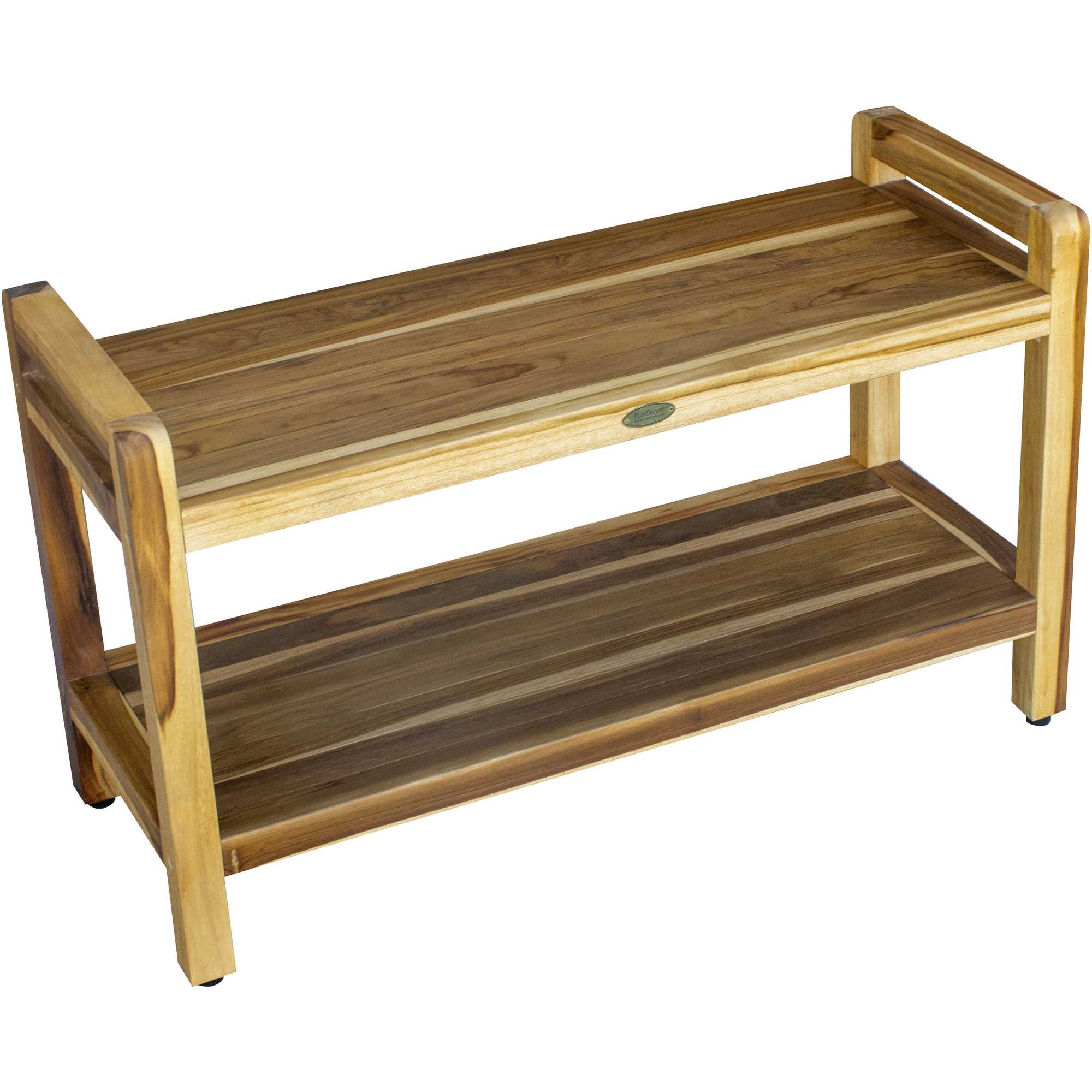 Compact Curviliniear Teak Shower / Outdoor Bench with Shelf and Liftaide Arms in Natural Finish