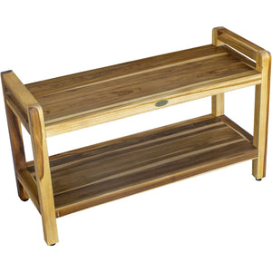 Compact Curviliniear Teak Shower / Outdoor Bench with Shelf and Liftaide Arms in Natural Finish