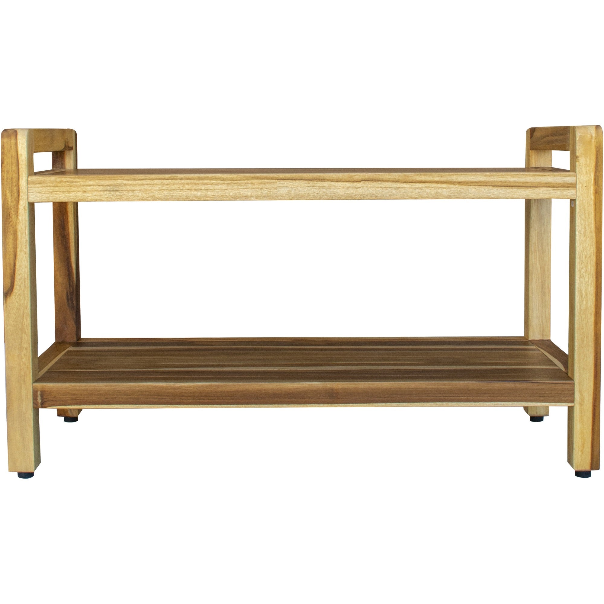 Compact Curviliniear Teak Shower / Outdoor Bench with Shelf and Liftaide Arms in Natural Finish