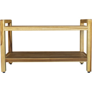 Compact Curviliniear Teak Shower / Outdoor Bench with Shelf and Liftaide Arms in Natural Finish