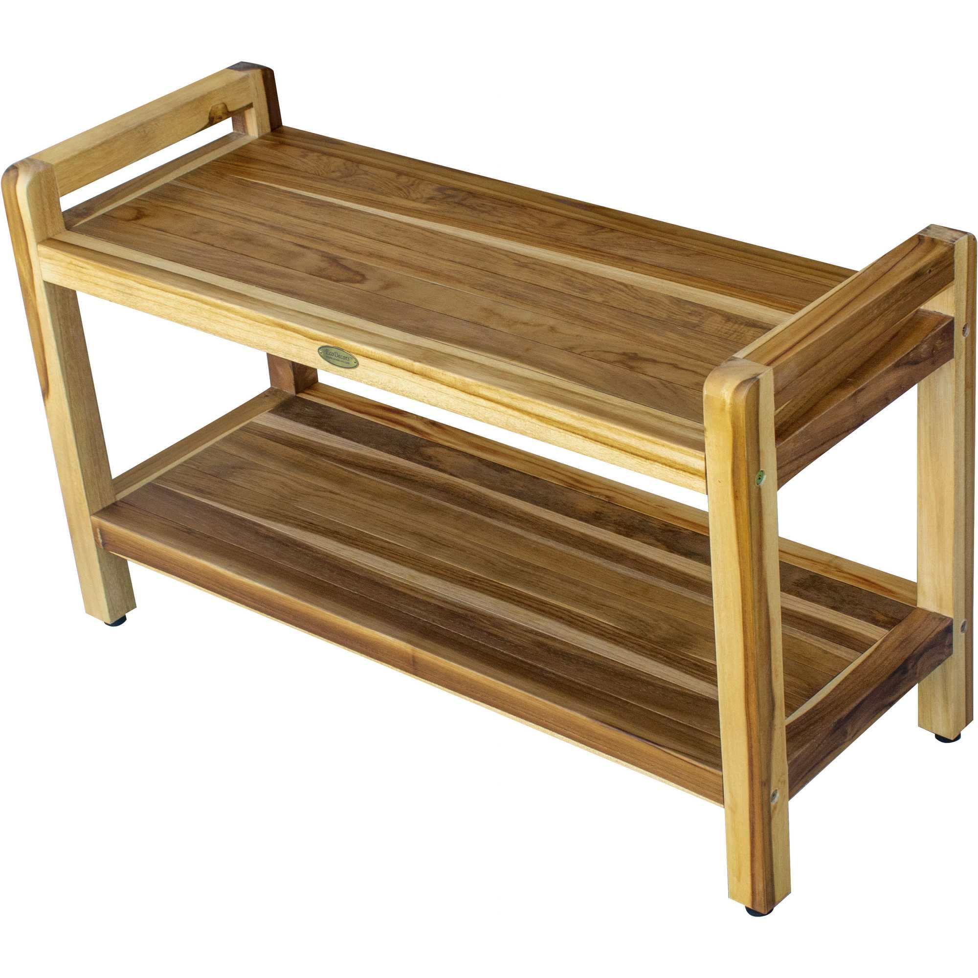 Compact Curviliniear Teak Shower / Outdoor Bench with Shelf and Liftaide Arms in Natural Finish