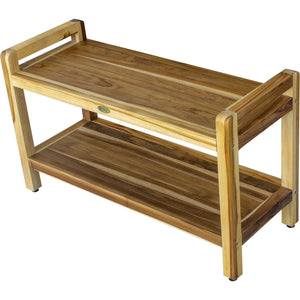 Compact Curviliniear Teak Shower / Outdoor Bench with Shelf and Liftaide Arms in Natural Finish
