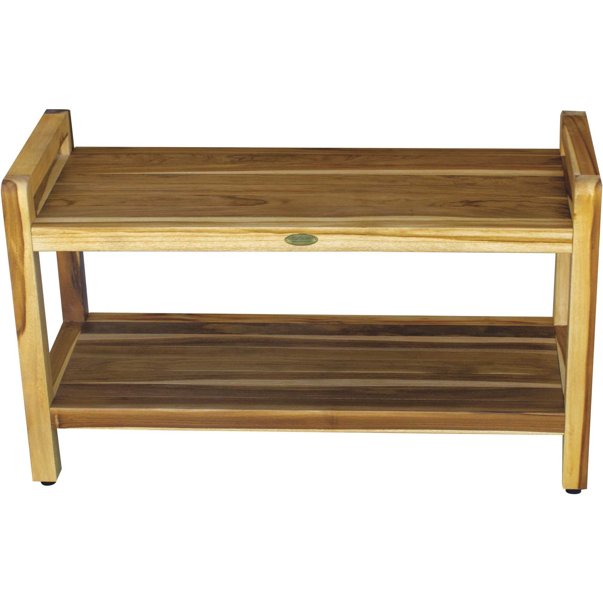 Compact Curviliniear Teak Shower / Outdoor Bench with Shelf and Liftaide Arms in Natural Finish