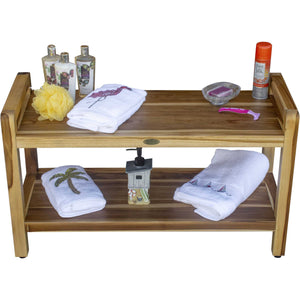 Compact Curviliniear Teak Shower / Outdoor Bench with Shelf and Liftaide Arms in Natural Finish