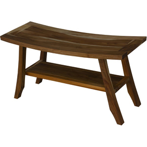 Compact Curvilinear Teak Shower / Outdoor Bench with Shelf in Natural Finish
