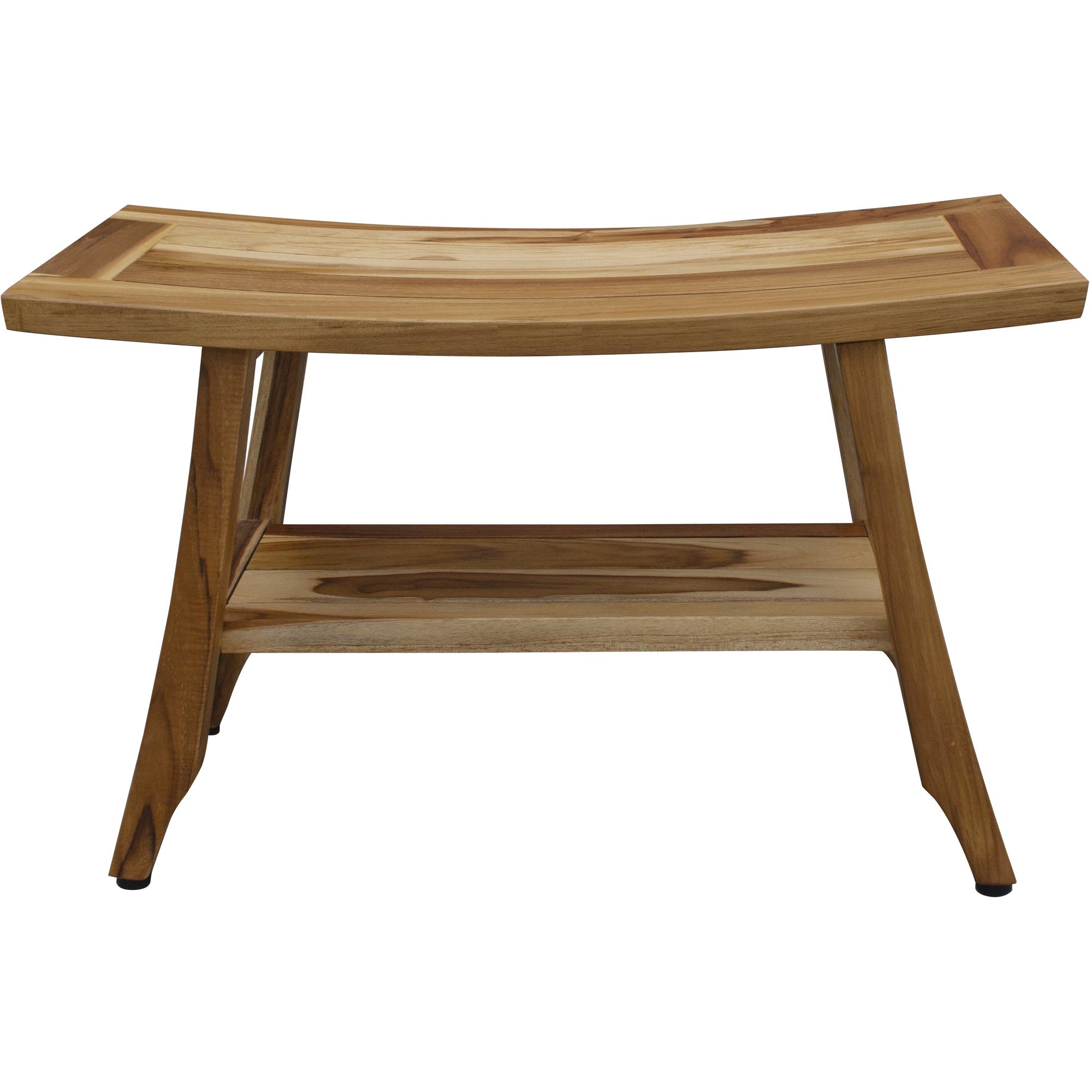 Compact Curvilinear Teak Shower / Outdoor Bench with Shelf in Natural Finish