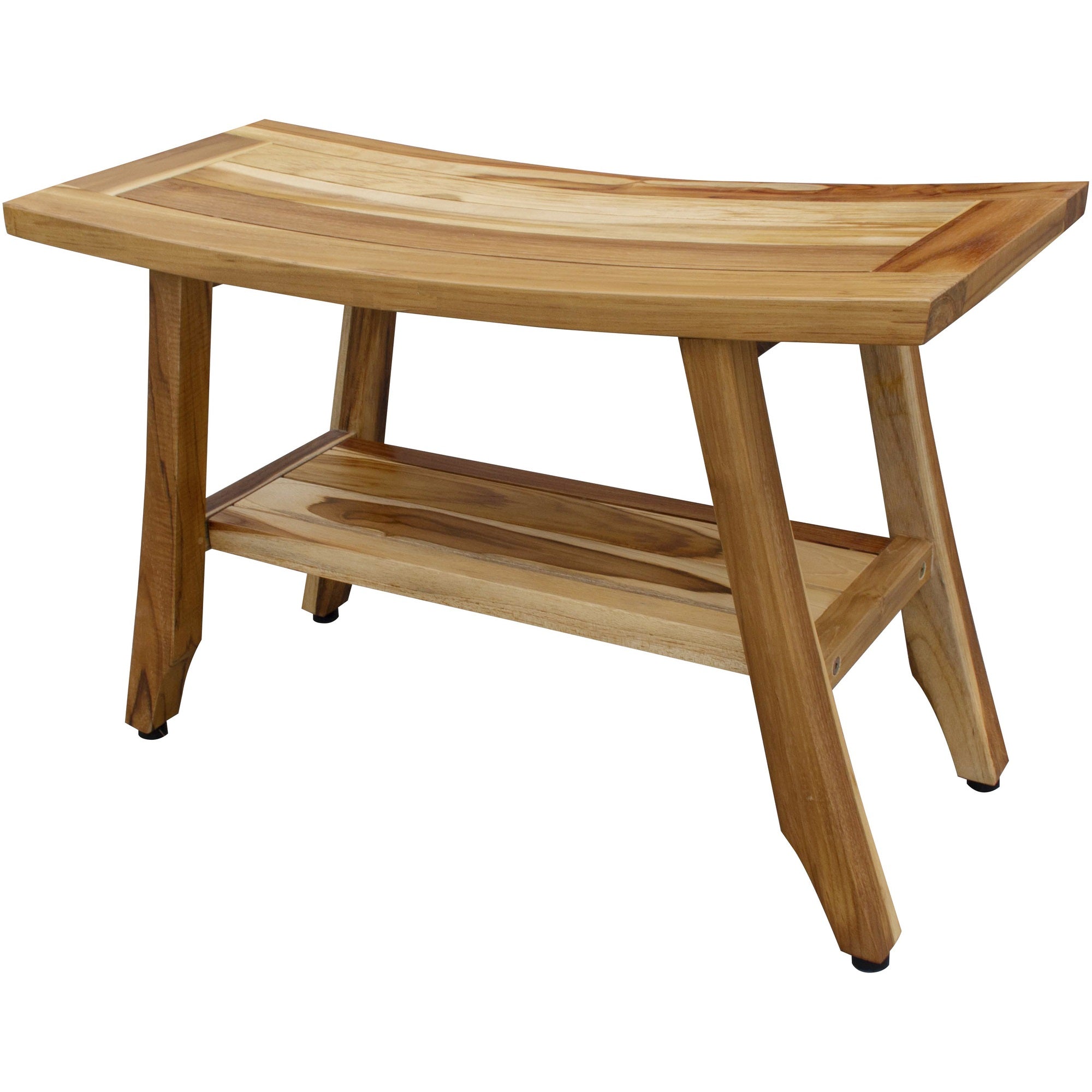 Compact Curvilinear Teak Shower / Outdoor Bench with Shelf in Natural Finish