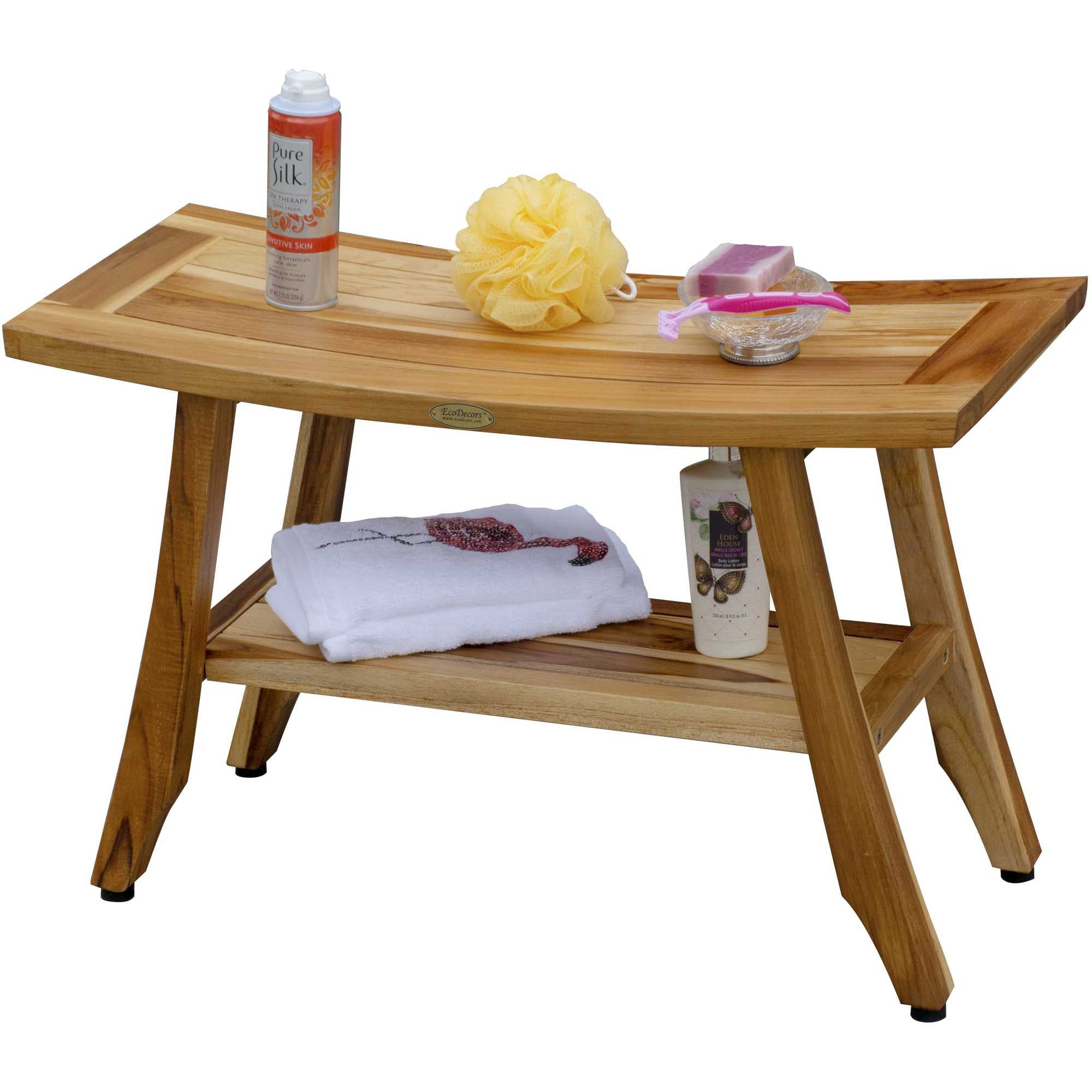 Compact Curvilinear Teak Shower / Outdoor Bench with Shelf in Natural Finish