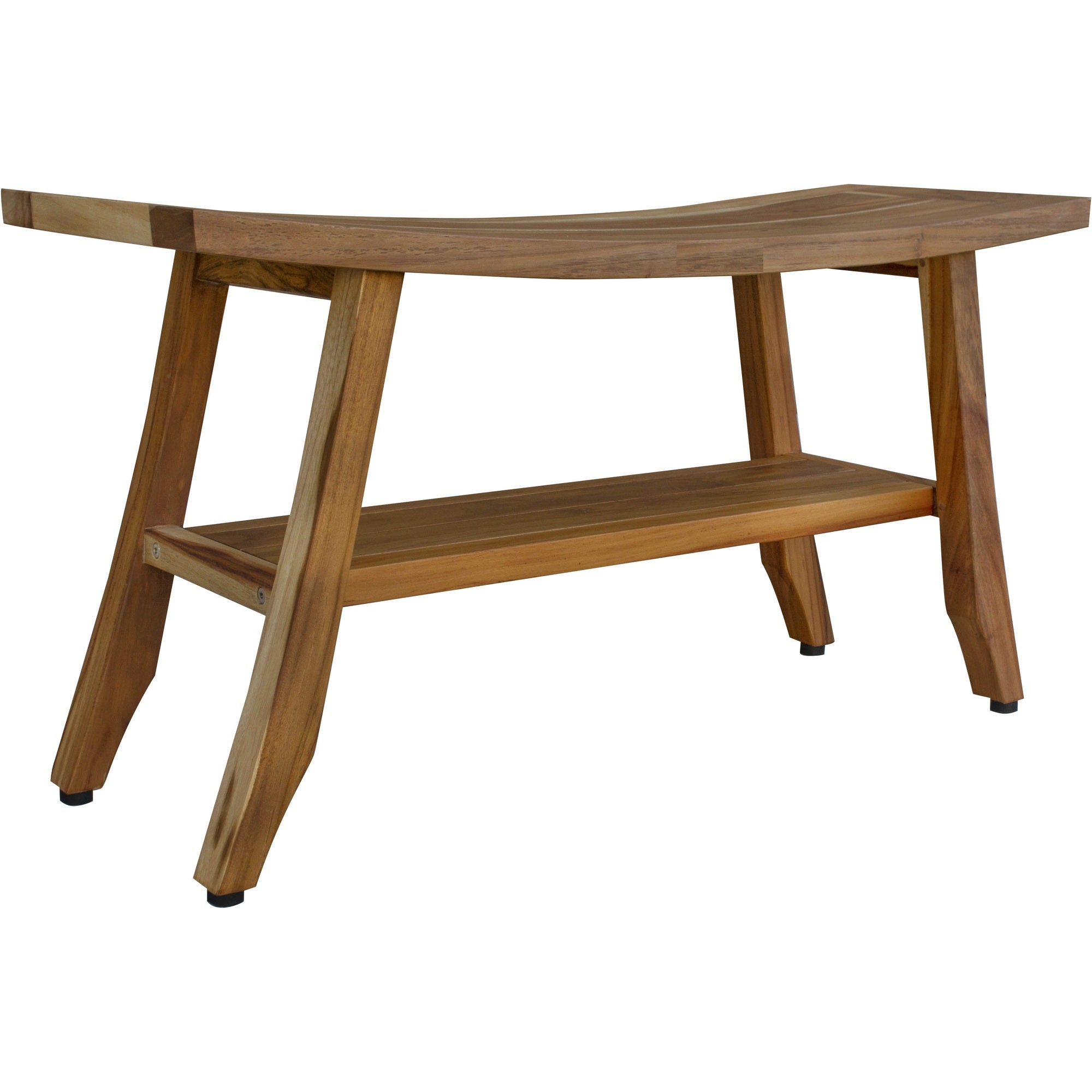 Compact Curvilinear Teak Shower / Outdoor Bench with Shelf in Natural Finish