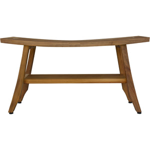 Compact Curvilinear Teak Shower / Outdoor Bench with Shelf in Natural Finish