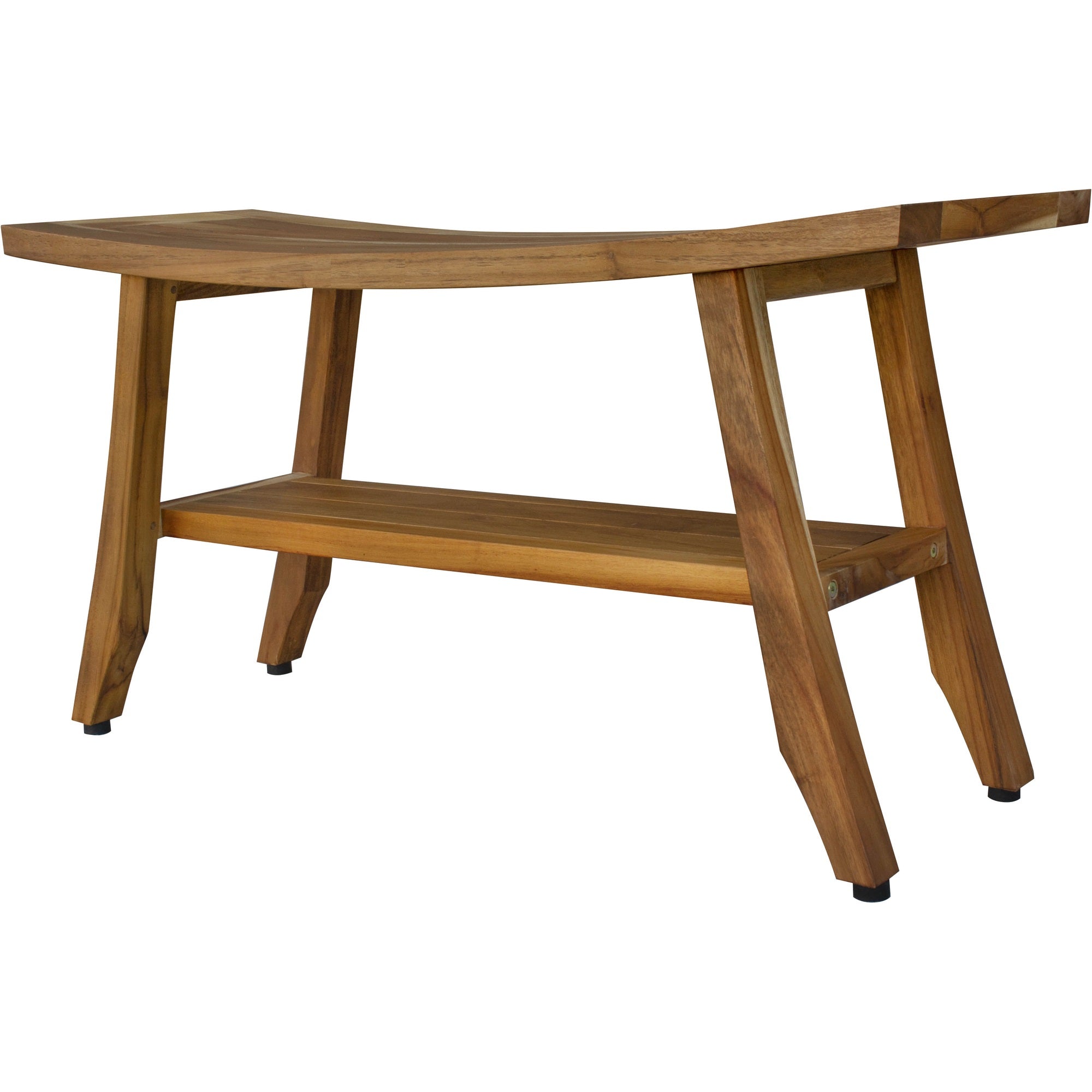 Compact Curvilinear Teak Shower / Outdoor Bench with Shelf in Natural Finish