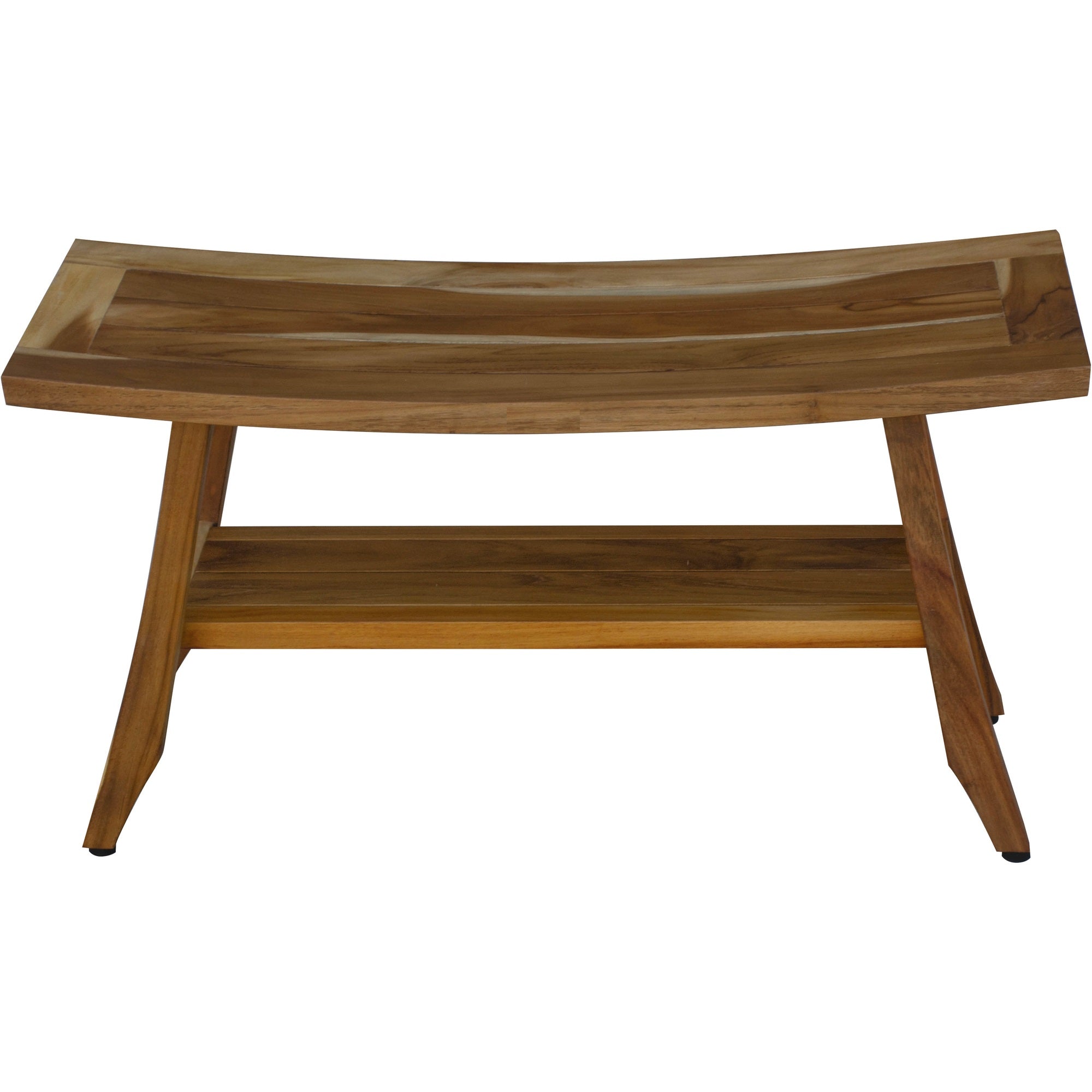 Compact Curvilinear Teak Shower / Outdoor Bench with Shelf in Natural Finish