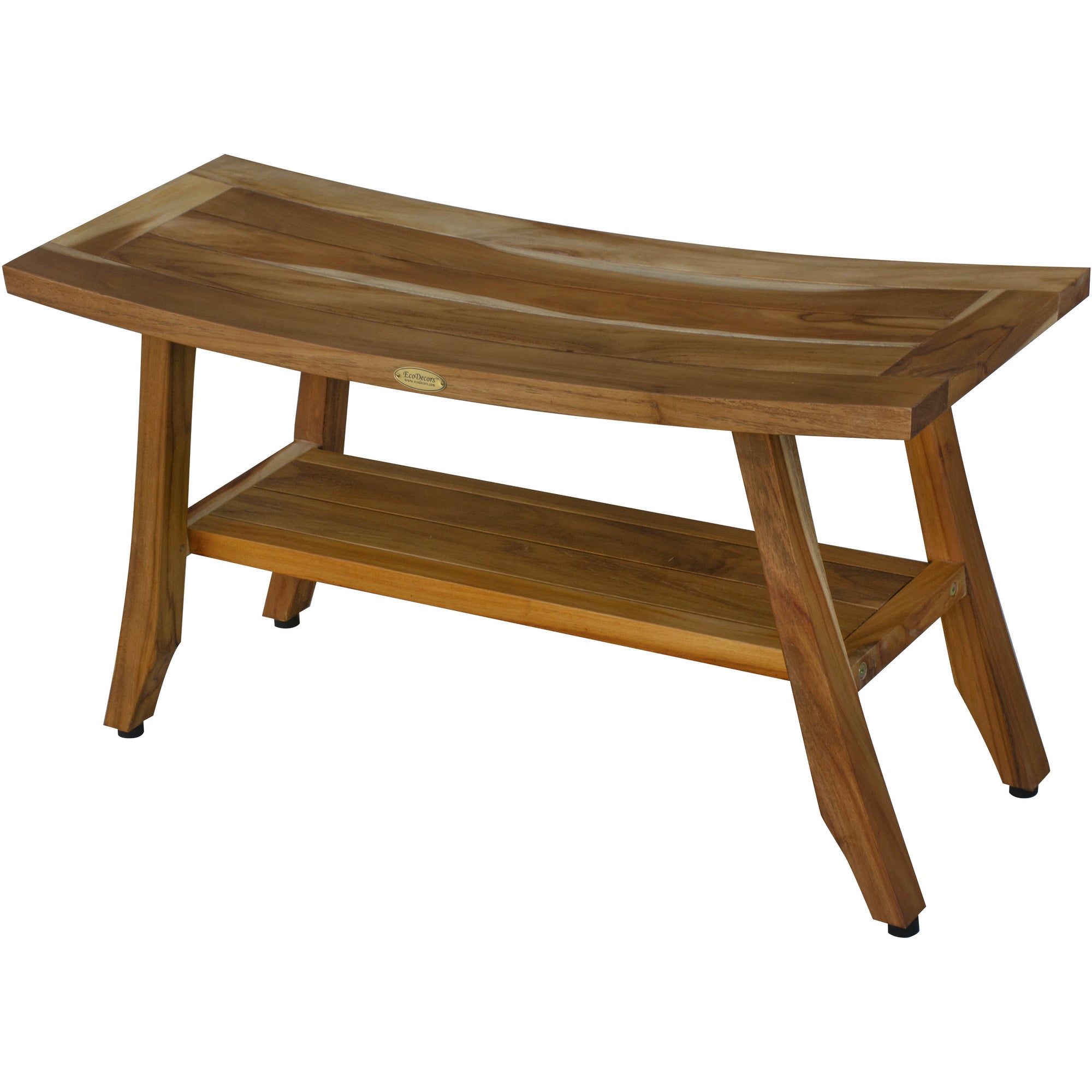 Compact Curvilinear Teak Shower / Outdoor Bench with Shelf in Natural Finish