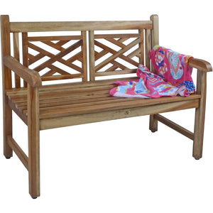 Compact Teak Outdoor Bench w/ Lattice Design in Natural Finish