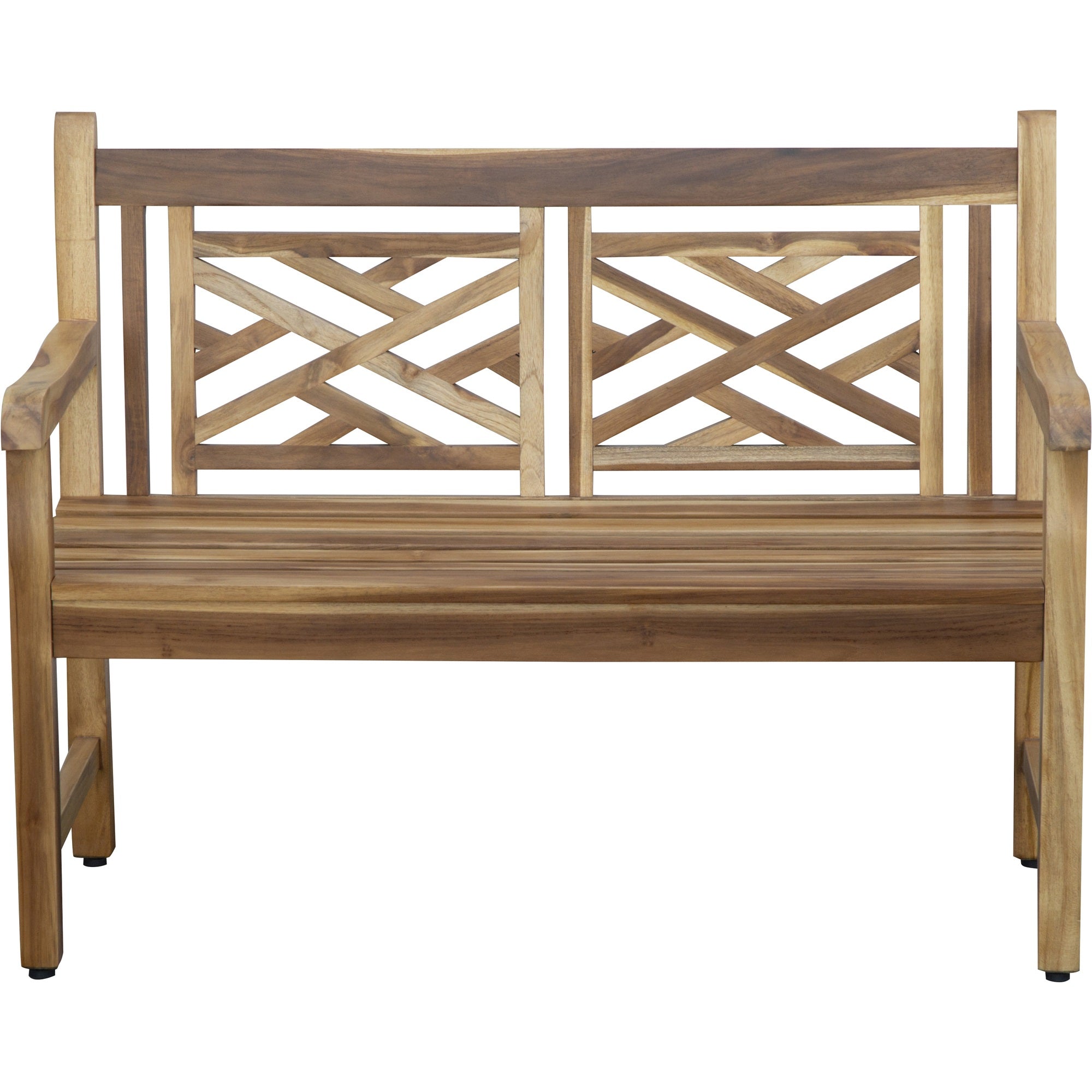 Compact Teak Outdoor Bench w/ Lattice Design in Natural Finish