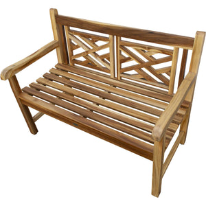 Compact Teak Outdoor Bench w/ Lattice Design in Natural Finish