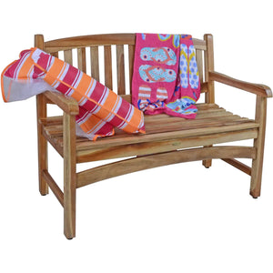 Compact Teak Outdoor Bench w/ Curved Design in Natural Finish