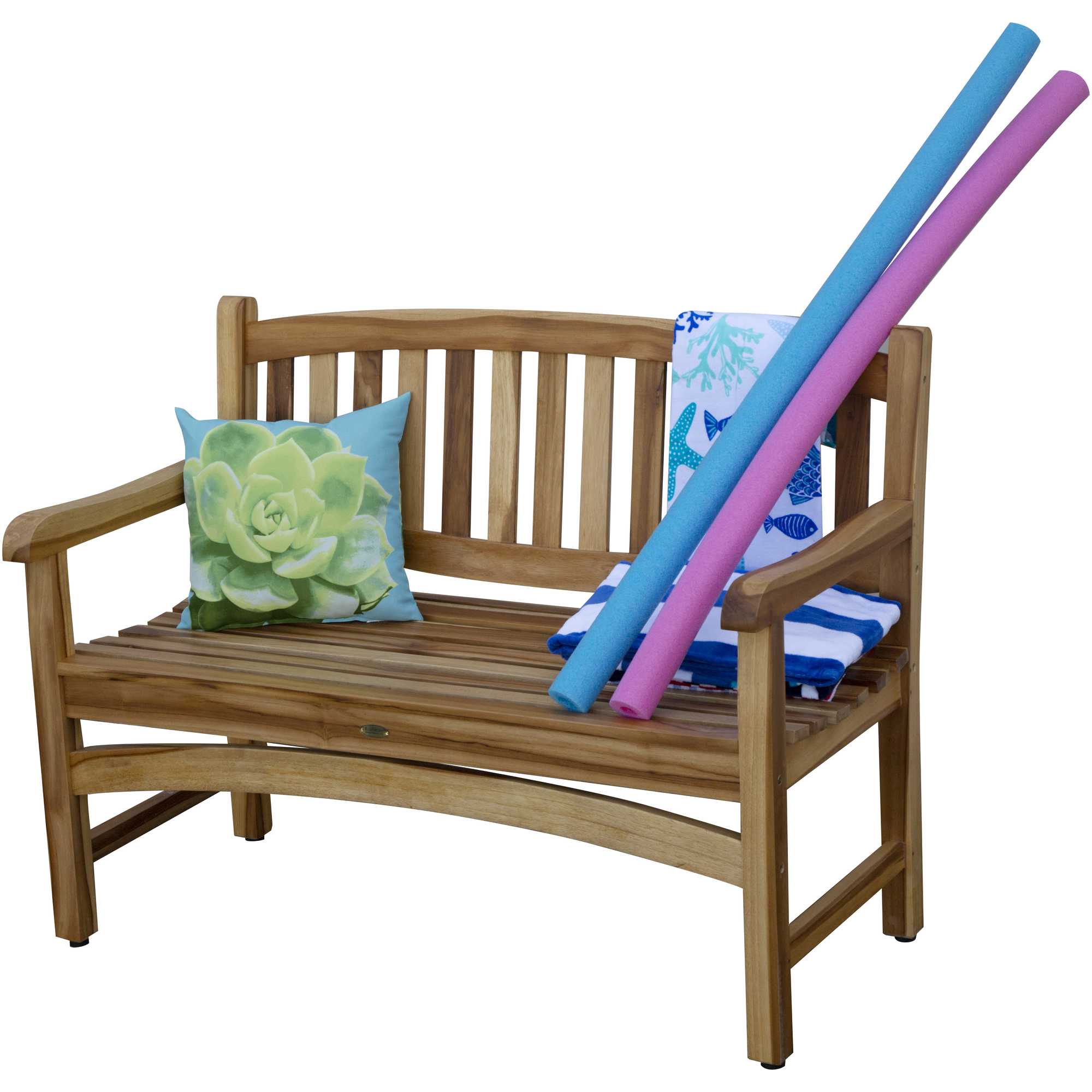 Compact Teak Outdoor Bench w/ Curved Design in Natural Finish