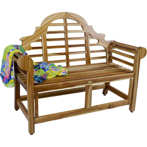 Compact Teak Outdoor Bench w/ Crown Design in Natural Finish