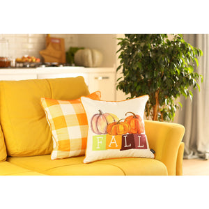 Set of 2 18"  Fall Season Pumpkin Gingham Throw Pillow Cover in Multicolor