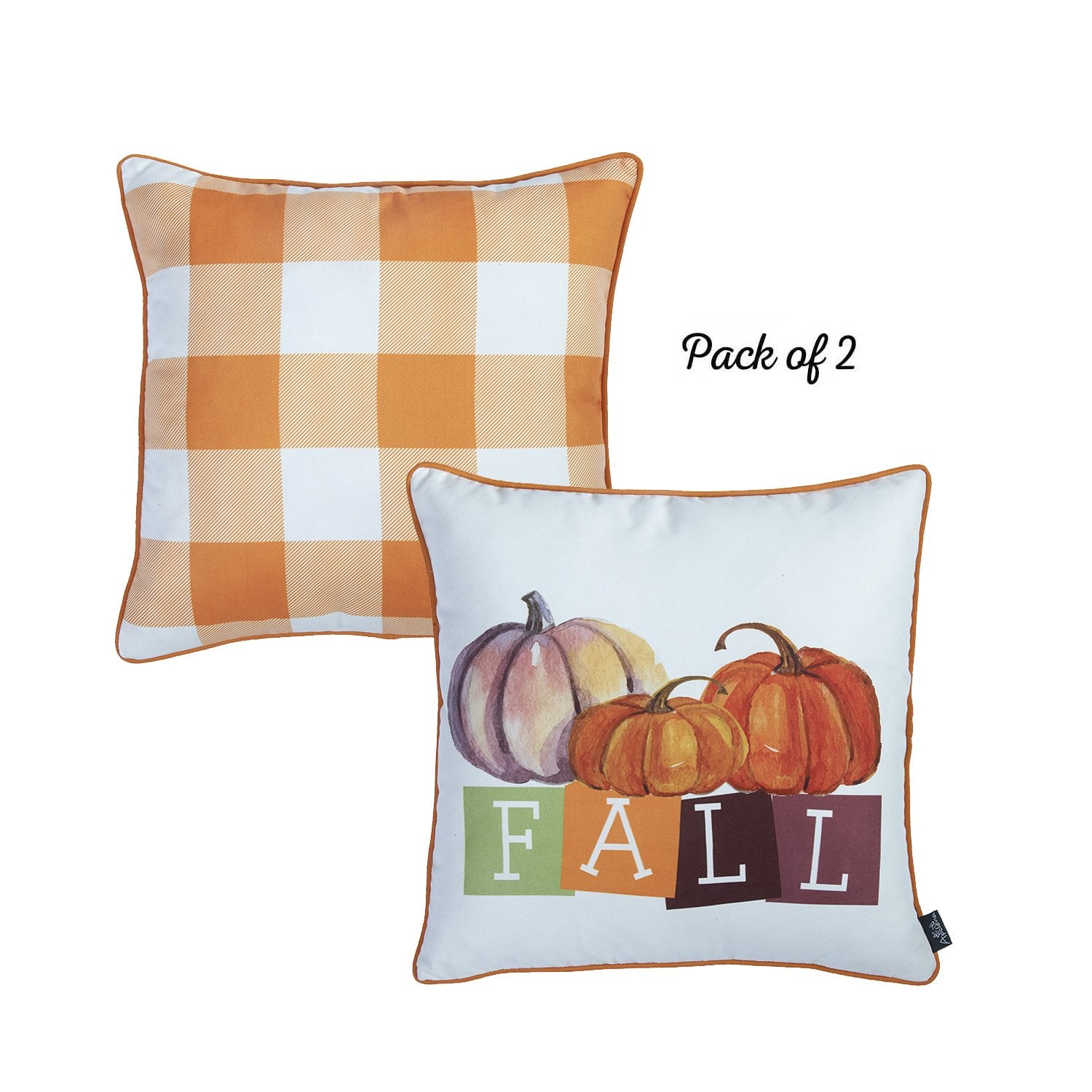 Set of 2 18"  Fall Season Pumpkin Gingham Throw Pillow Cover in Multicolor