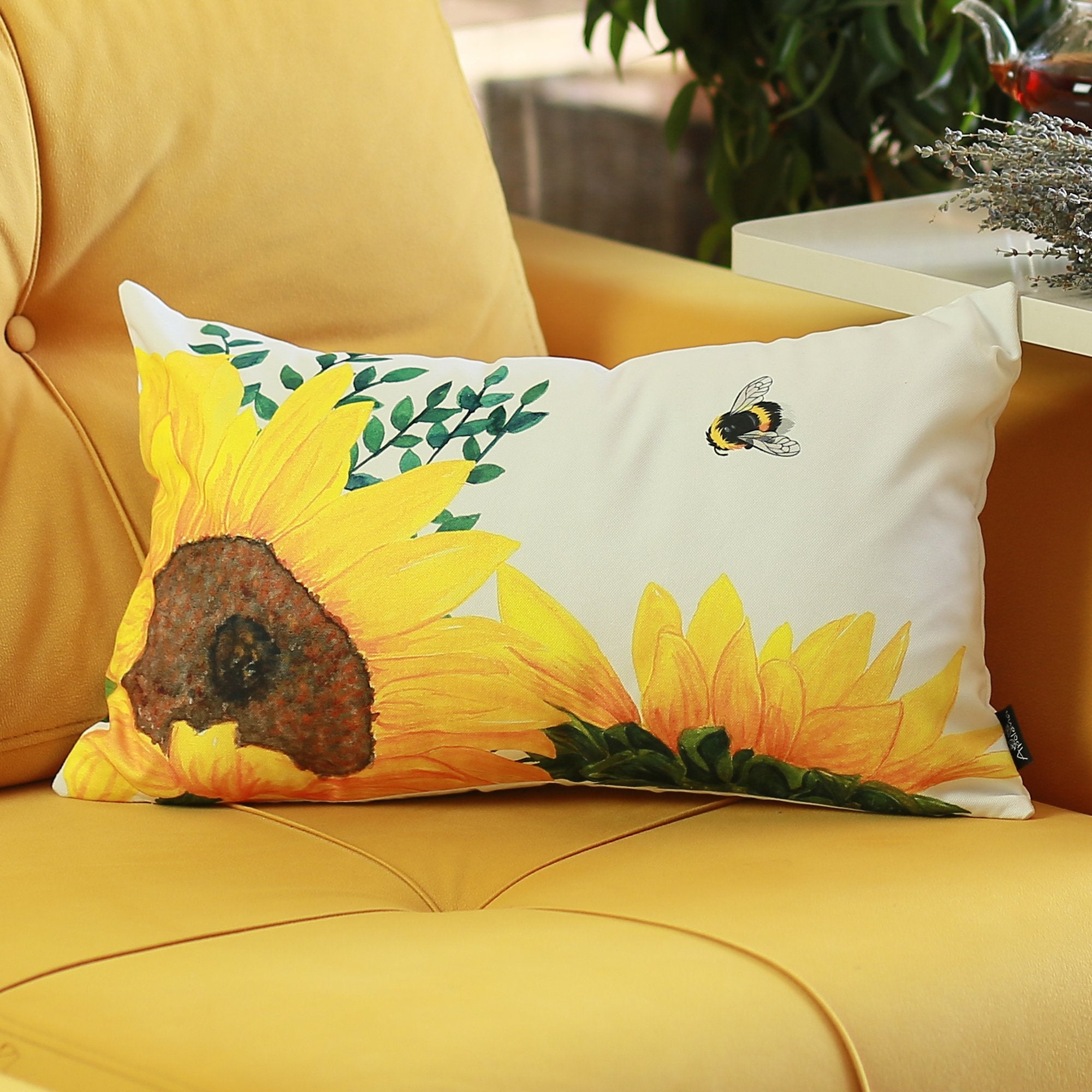 Set of 2 20" Sunflower Bee Lumbar Pillow Cover in Multicolor