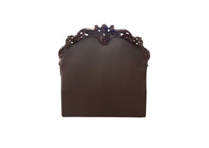 California King Size Elaborately Carved Cherry Wood Finish Bed with Tufted Dark Faux Leather Headboard