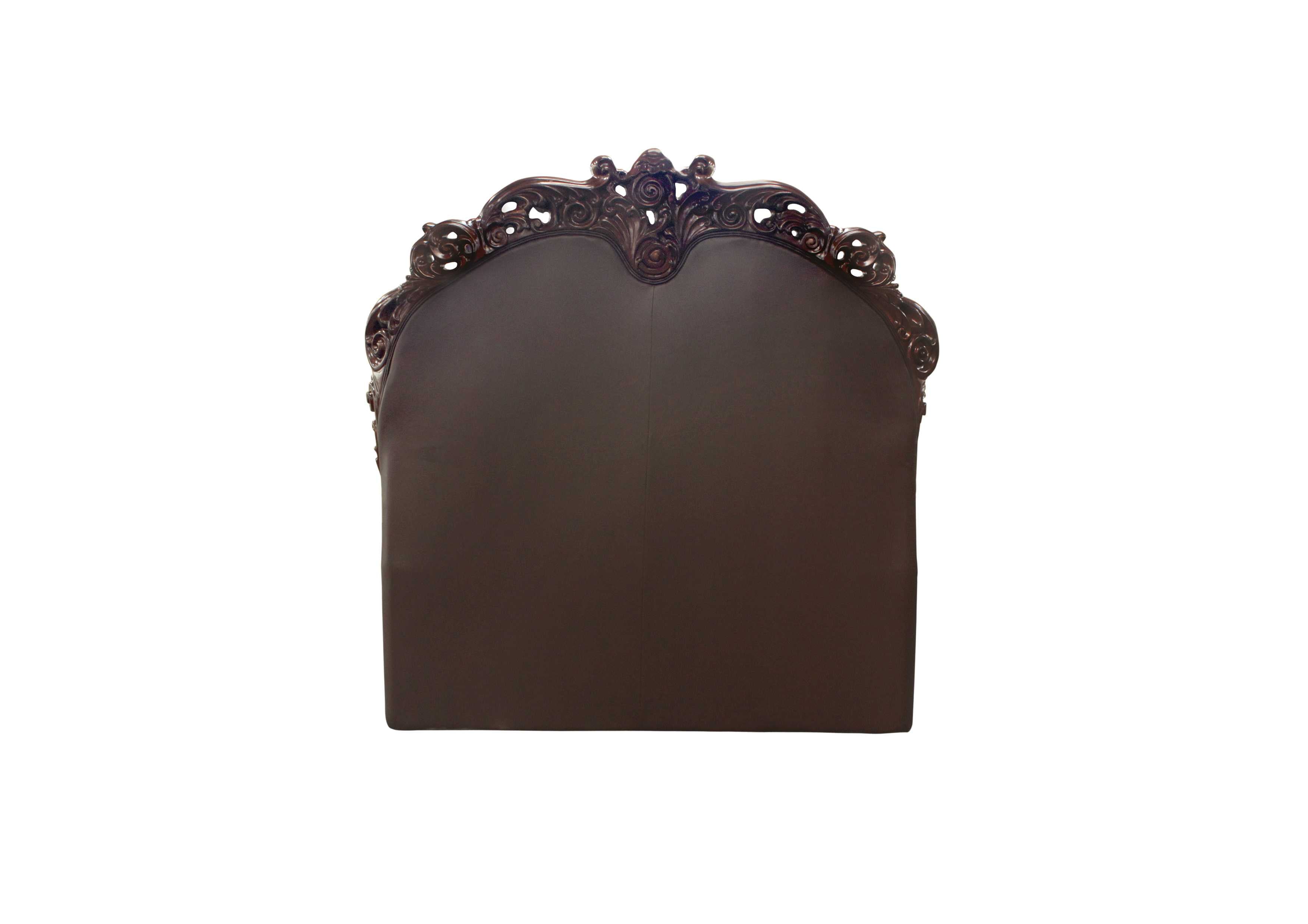 King Size Elaborately Carved Cherry Wood Finish Bed with Tufted Dark Faux Leather Headboard