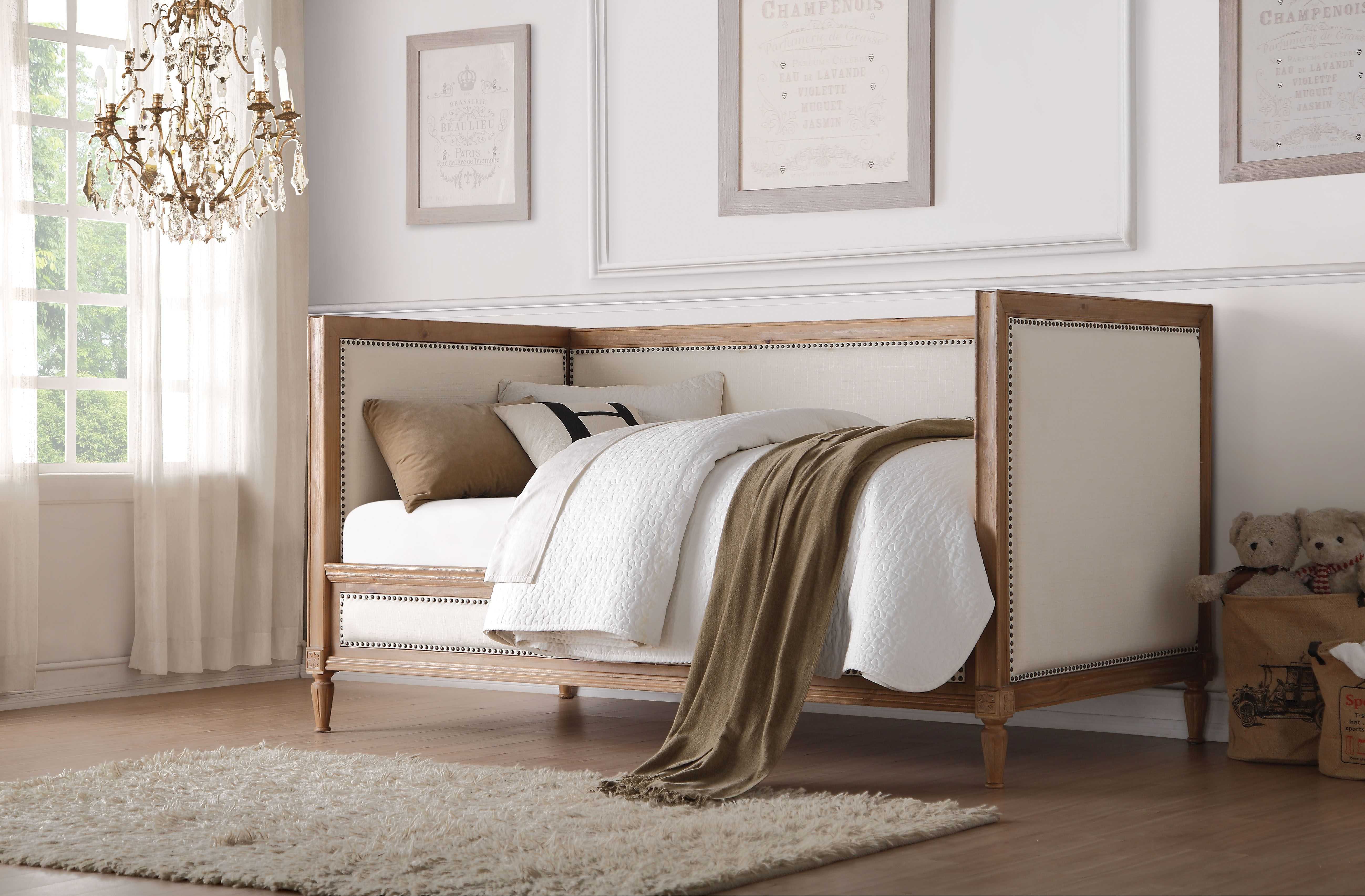 Rustic Oak Finish Cream Linen Upholstery with nailhead trim Twin Size Daybed