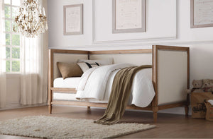 Rustic Oak Finish Cream Linen Upholstery with nailhead trim Twin Size Daybed
