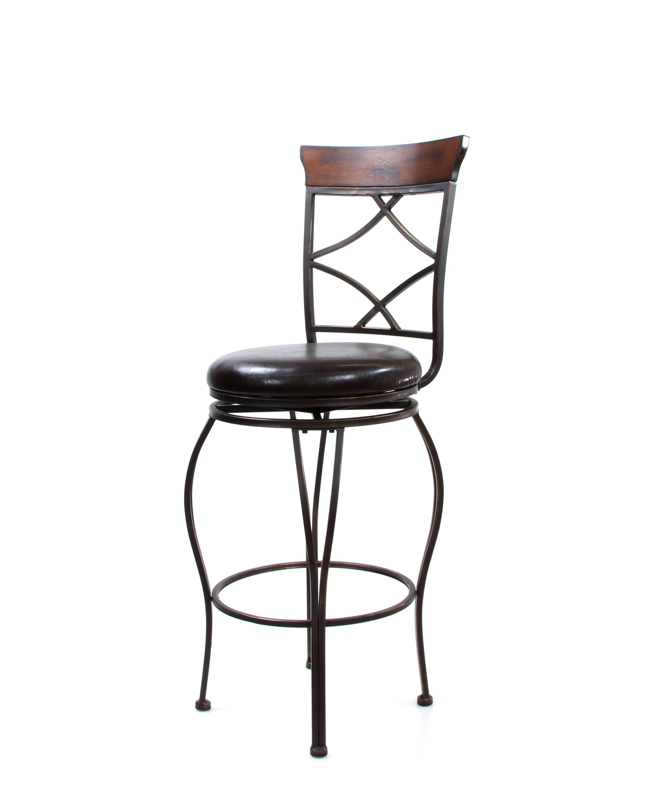 Set of 2 -  46" Antiqued Black and Cherry Finish with Espresso Faux Leather Seat Swivel Bar Chairs