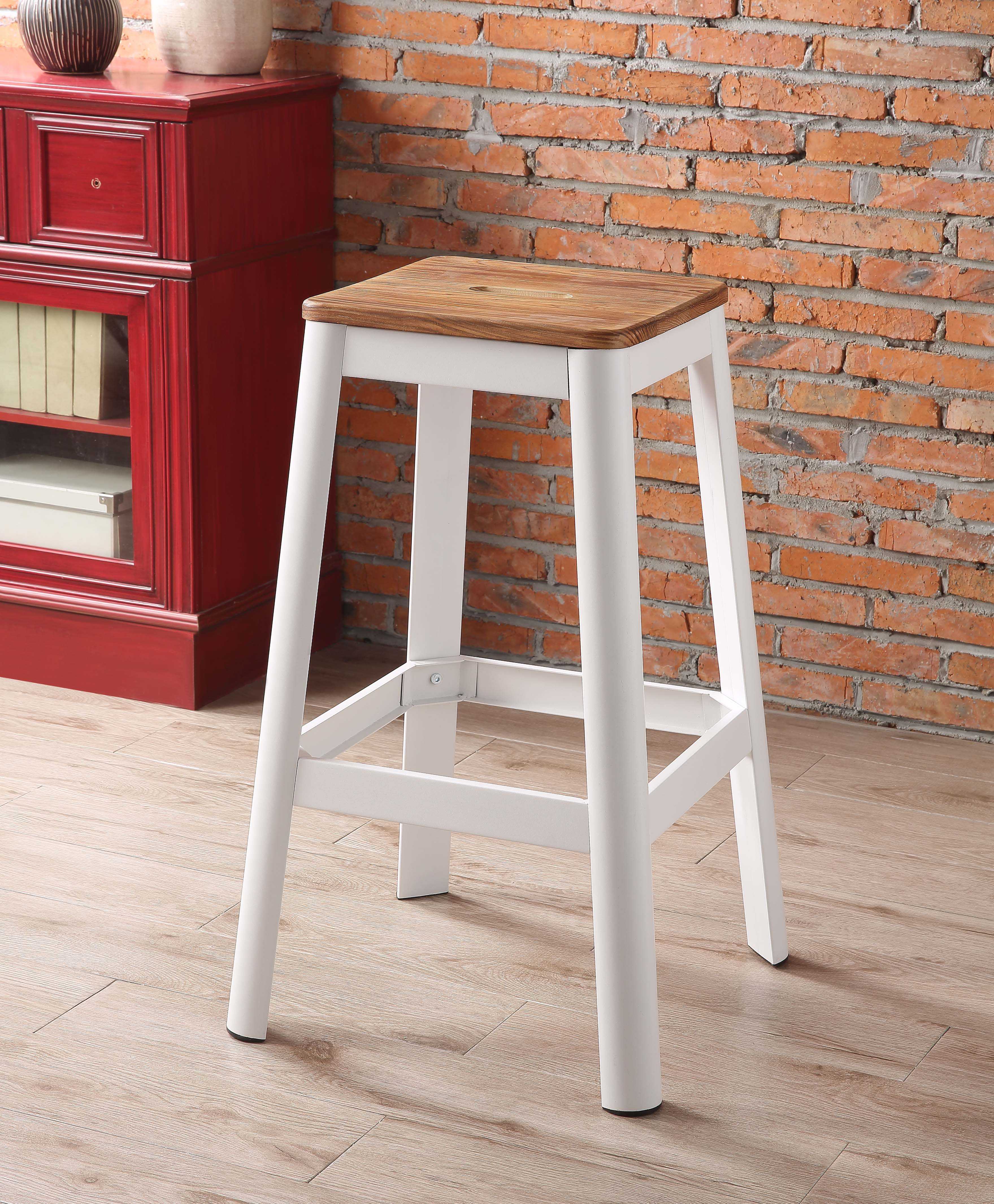 30" White and Natural Metal and Wood Backless Bar Stool