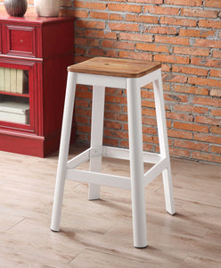 30" White and Natural Metal and Wood Backless Bar Stool