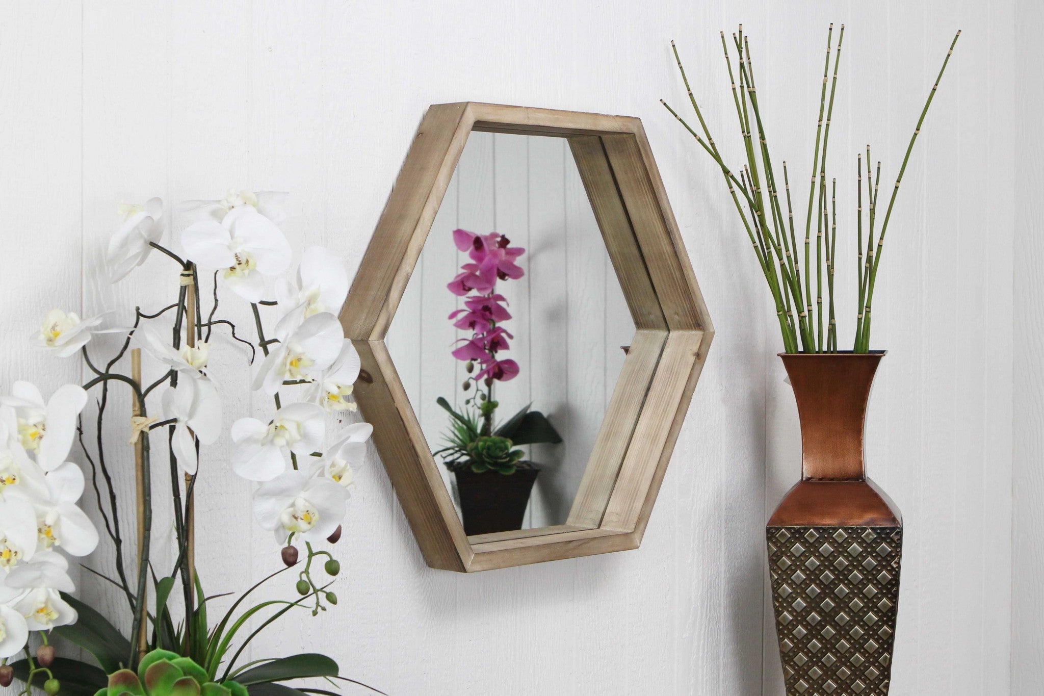 Modern Natural Wood Finish Hexagonal Wall Mirror
