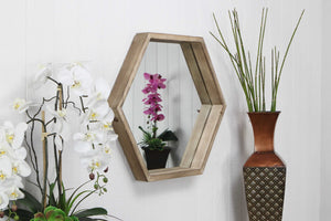 Modern Natural Wood Finish Hexagonal Wall Mirror