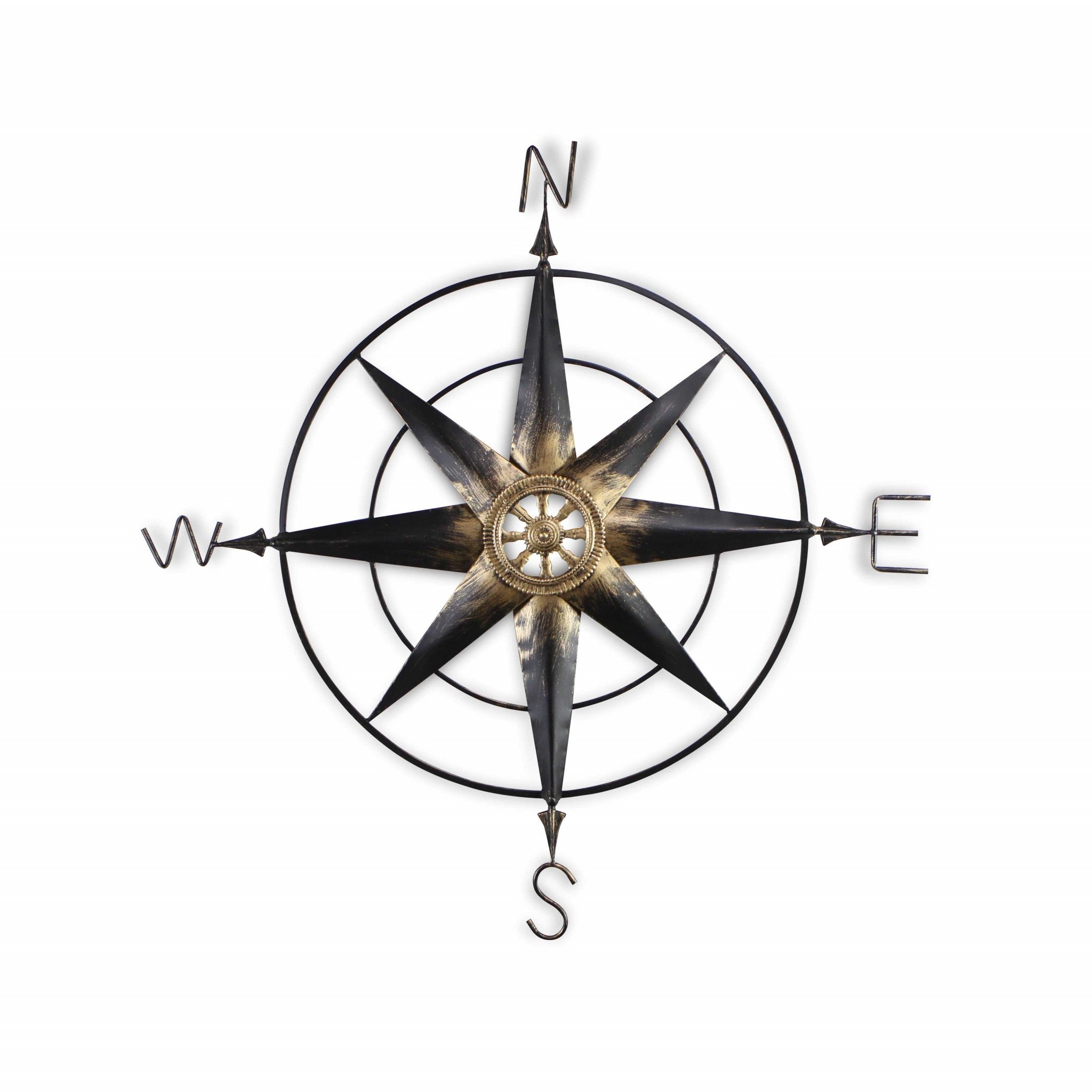 Black Metal Wall Decor Compass with Gold Center Accents