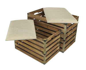 Set of 2 Rectangular Brown Linen Fabric and Wood Slats Storage Benches