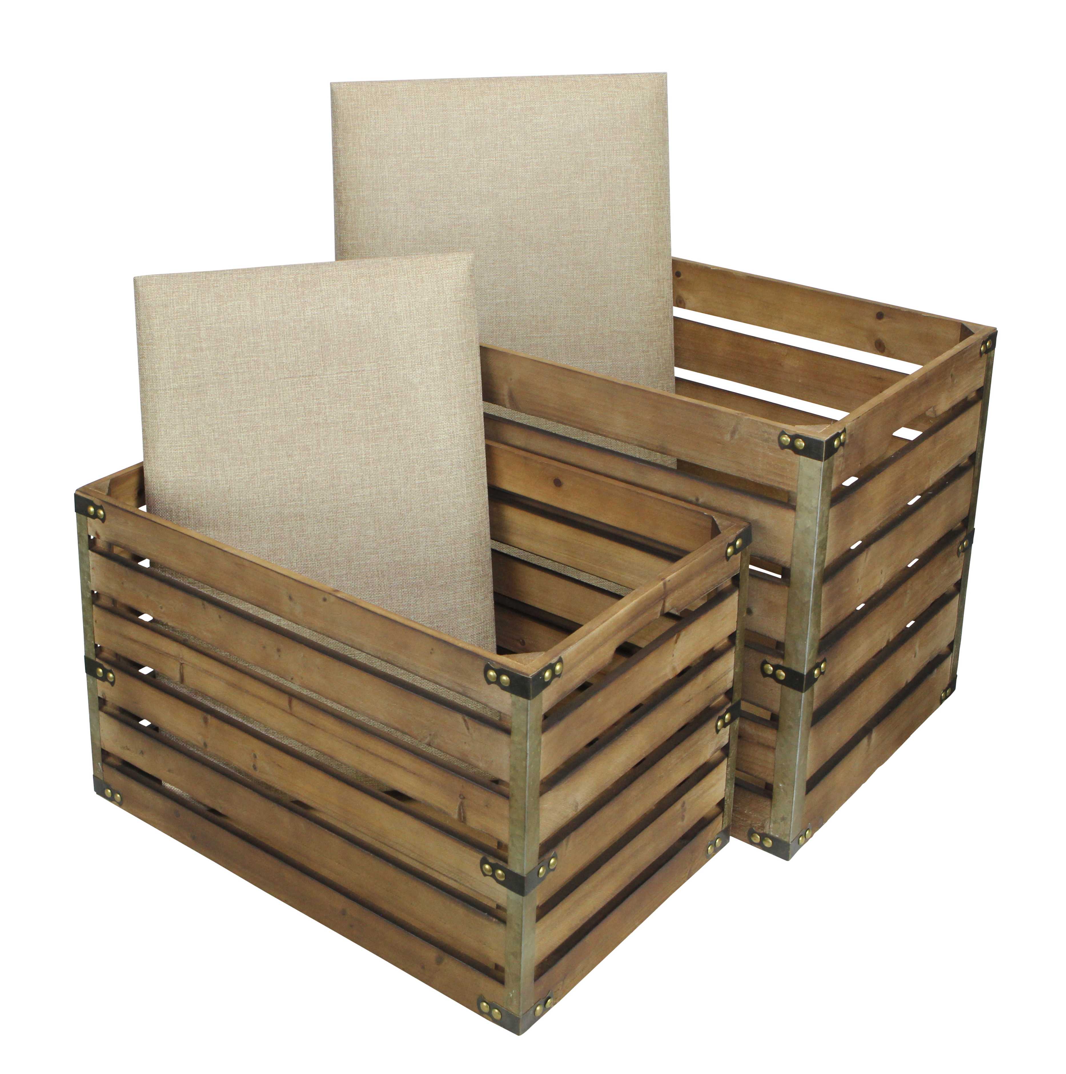 Set of 2 Rectangular Brown Linen Fabric and Wood Slats Storage Benches