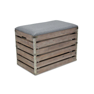 Set of 2 Rectangular Gray Linen Fabric and Wood Slats Storage Benches
