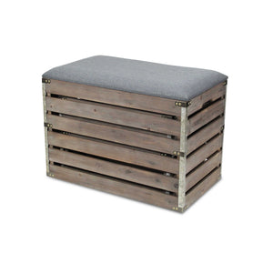 Set of 2 Rectangular Gray Linen Fabric and Wood Slats Storage Benches