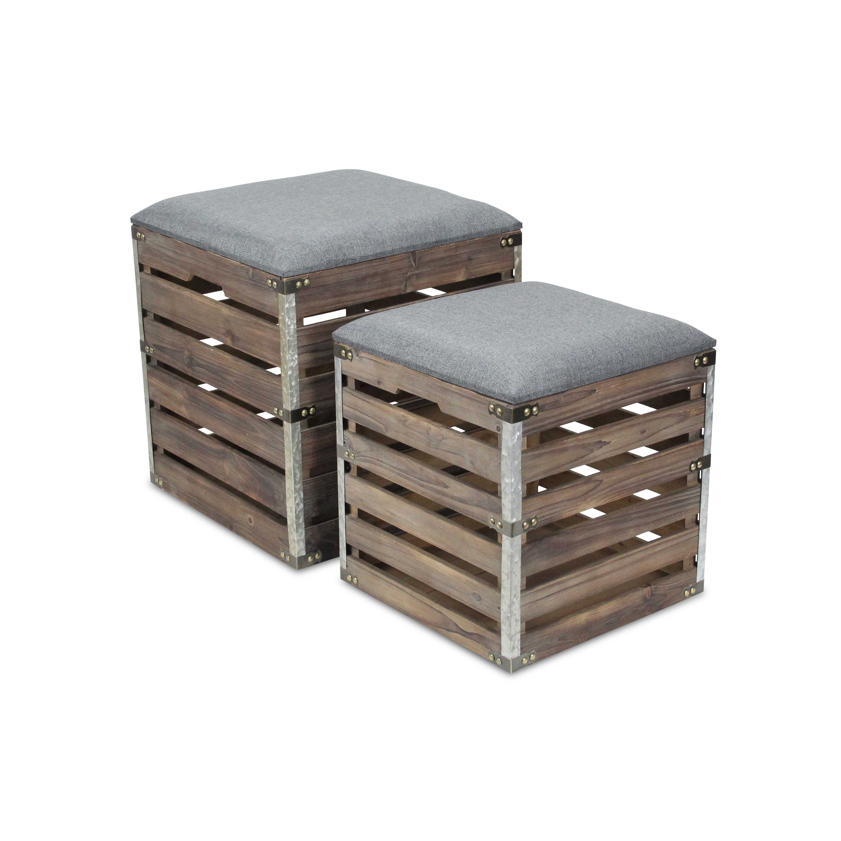 Set of 2 Square Gray Linen Fabric and Wood Slats Storage Benches