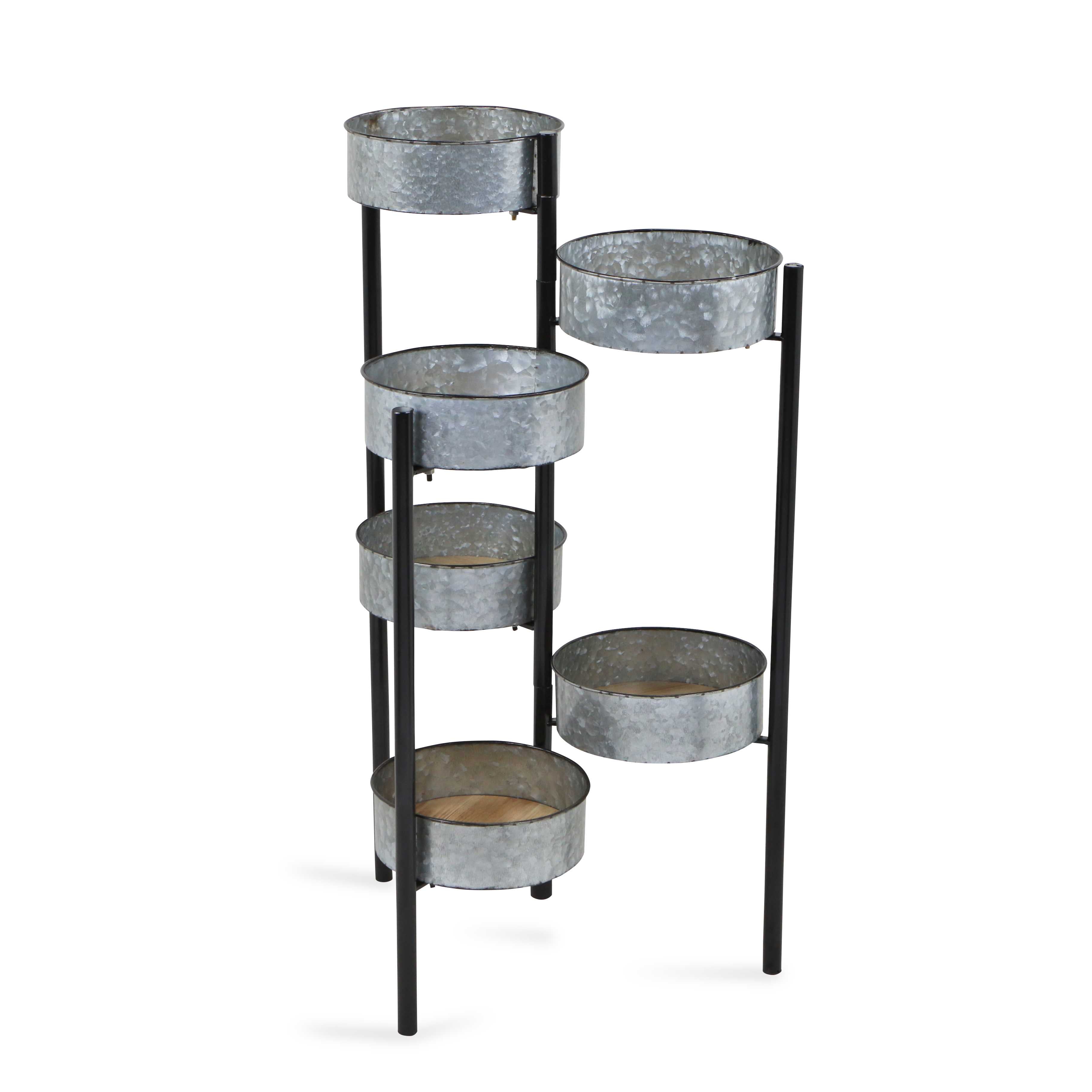 6 Metal Pot s and Wood Base Folding Plant Stand