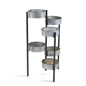 6 Metal Pot s and Wood Base Folding Plant Stand