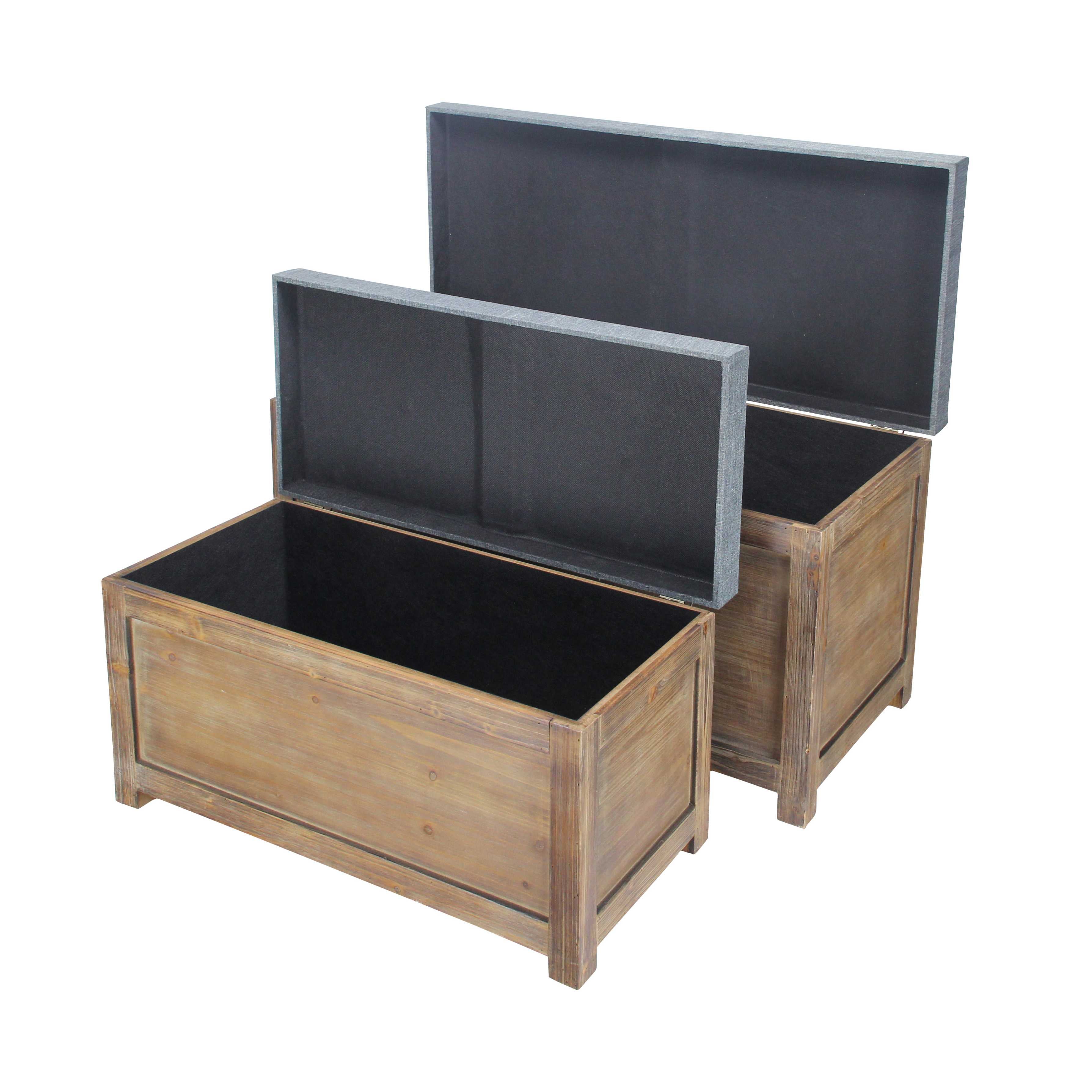 Set of 2 Rectangular Gray Linen Fabric and Wood Storage Benches